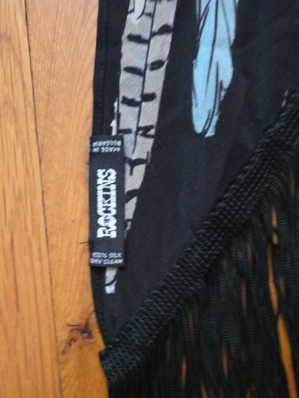Black Feather Print Fringe Scarf - Women's Wrap